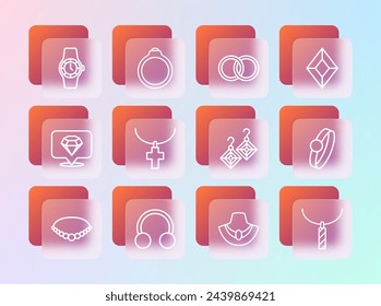 Set line Gem stone, Piercing, Earrings, Necklace mannequin, Christian cross chain, Wedding, Wrist watch and Diamond engagement icon. Vector