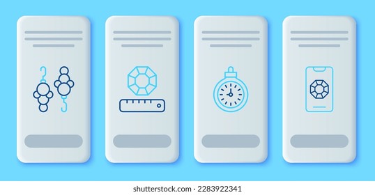 Set line Gem stone, Pocket watch, Earrings and Jewelry online shopping icon. Vector
