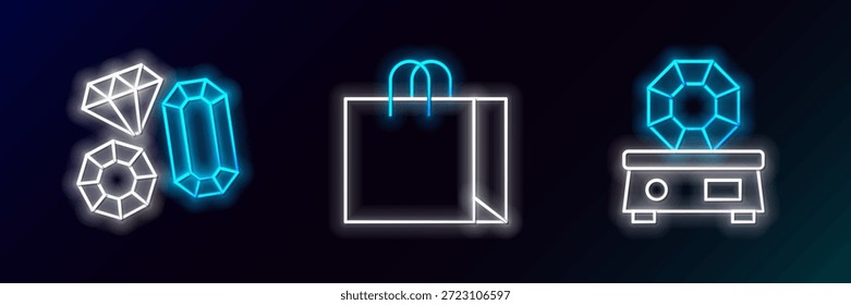 Set line Gem stone,  and Shopping bag jewelry icon. Glowing neon. Vector