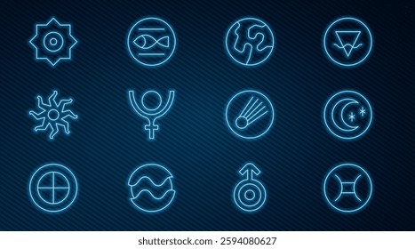 Set line Gemini zodiac, Moon and stars, Earth globe, Symbol Pluto, Sun, Falling, Comet and Pisces icon. Vector