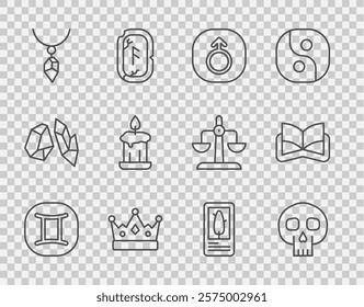 Set line Gemini zodiac, Skull, Mars, King crown, Necklace with crystal, Burning candle, Tarot cards and Ancient magic book icon. Vector
