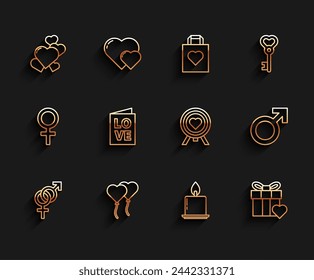 Género, Globos en forma de corazón, Corazón, Vela ardiente, Caja de regalo, Volante de fiesta de San Valentín, Símbolo de género masculino y el centro de dardos icono de puntería objetivo. Vector