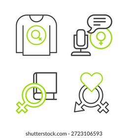 Set line Sexo, Livro sobre as mulheres, Microfone e ícone da camisa feminista. Vetor
