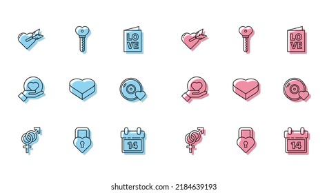 Set line Gender, Castle in the shape of a heart, Amour with and arrow, Calendar February 14, Candy shaped box, Romantic music, Heart on hand and Key icon. Vector