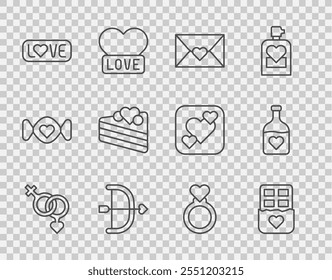 Set line Gender, Chocolate bar, Envelope with Valentine heart, Bow and arrow, Love text, Wedding cake, rings and Bottle love potion icon. Vector