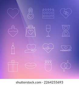 Set line Gender, Coffee cup and heart, Heart in the center hourglass, Calendar with, Shopping bag, Bottle love potion,  and Wine icon. Vector