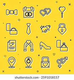 Set line Gender, Diamond engagement ring, Castle the shape of heart, Two Linked Hearts, Tie, Bow tie and  icon. Vector