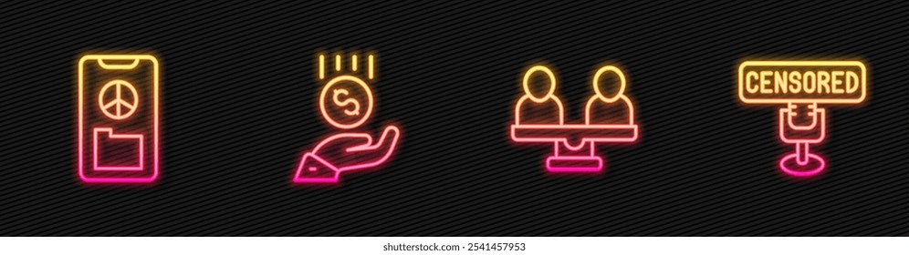 Set line Geschlechtergleichheit, Frieden, Münzen zur Hand - Mindestlohn und Zensurstempel. Leuchtendes Neonsymbol. Vektorgrafik