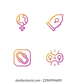 Setzen Sie die Linie Geschlechtergleichstellung, sanitäre Serviette, Feminismus die Welt und Kondom. Farbsymbole. Vektorgrafik