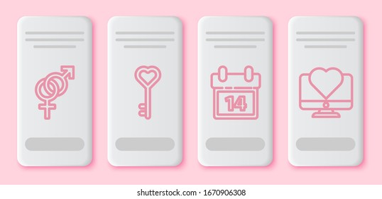 Set line Gender, Key in heart shape, Calendar with February 14 and Computer monitor with heart. White rectangle button. Vector