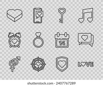Set line Gender, Love text, Key in heart shape, Heart the center of darts target aim, Candy shaped box, Wedding rings, with shield and Like icon. Vector