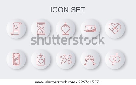 Set line Gender, Mobile with heart, Bottle love potion, Glass of champagne, Envelope Valentine, Heart the center hourglass, tag and  icon. Vector