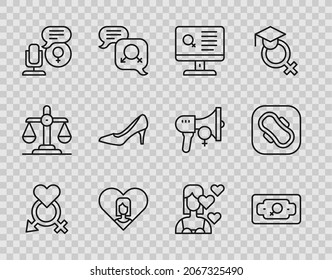 Set line Gender, Money growth woman, Dating app, Heart with female, Microphone, Woman shoe, Love yourself and Sanitary napkin icon. Vector