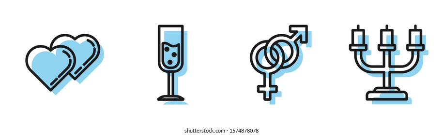 Set line Gender, Two Linked Hearts, Glass of champagne and Candlestick icon. Vector