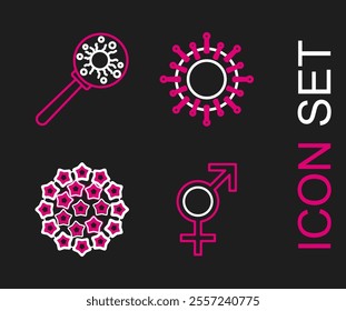 Set line Gender, Virus,  and under magnifying glass icon. Vector