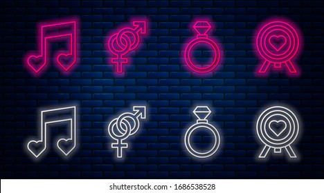 Set line Gender, Wedding rings, Music note, tone with hearts and Heart in the center of darts target aim. Glowing neon icon on brick wall. Vector