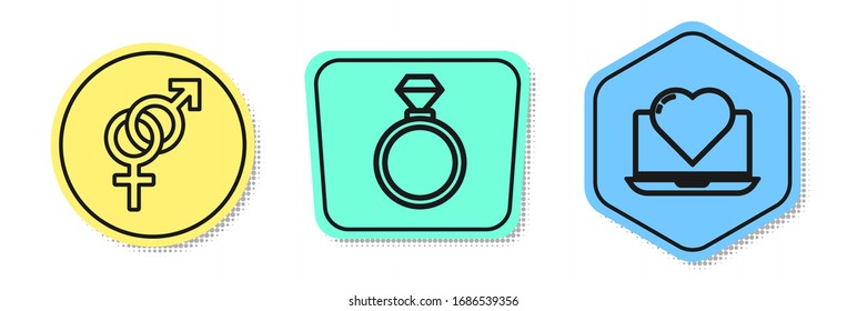 Fije la línea Género, Anillos de boda y Laptop con corazón. Formas coloreadas. Vector