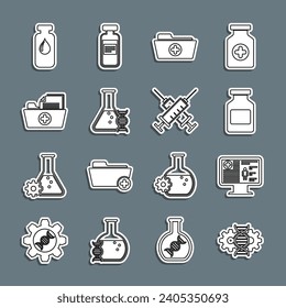Set line Gene editing, Clinical record on monitor, Medicine bottle, Health folder, DNA research, search, Medical vial, ampoule and Crossed syringe icon. Vector