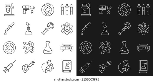 Set line Genetic engineering book, Electronic scales, Atom, DNA symbol, Plant breeding, Pipette, Test tube flask stand and research, search icon. Vector