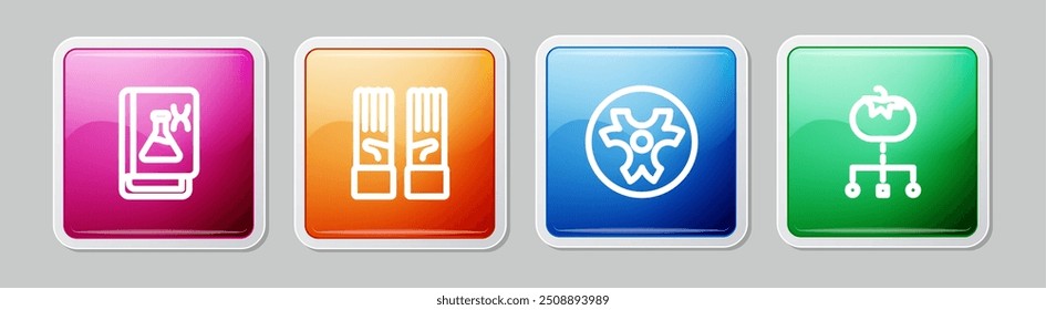 Libro de ingeniería genética, guantes de goma médicos, símbolo de riesgo biológico y alimentos modificados genéticamente. Colorido Botón cuadrado. Vector