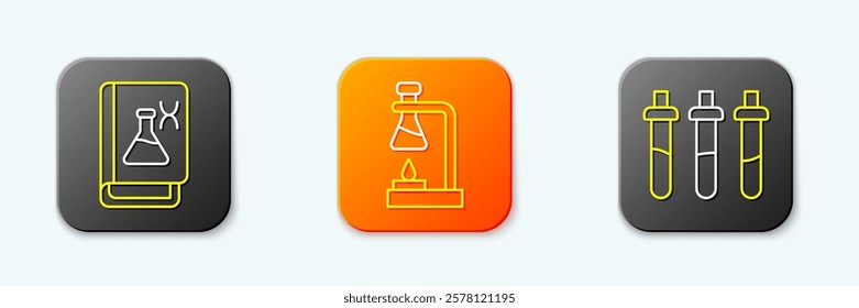 Set line Genetic engineering book, Test tube flask on fire and Reagent bottle icon. Vector