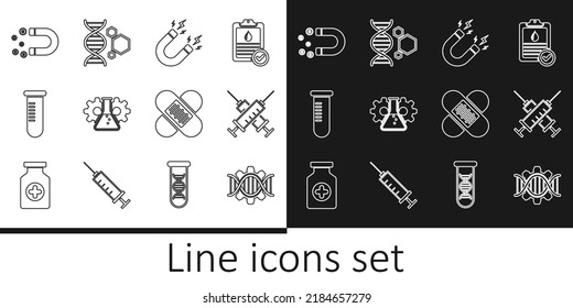 Set line Genetic engineering, Crossed syringe, Magnet with lightning, Bioengineering, Test tube or flask, money, bandage plaster and  icon. Vector
