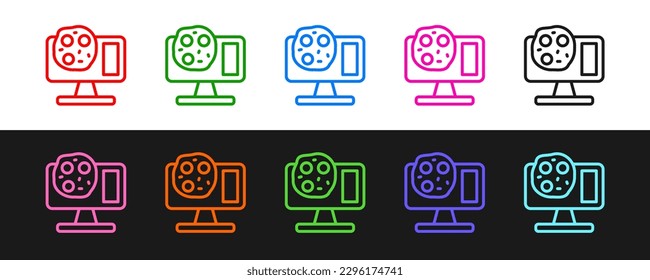 Set line Genetic engineering modification on laptop icon isolated on black and white background. DNA analysis, genetics testing, cloning.  Vector