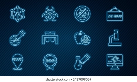 Set line Genetic engineering modification, Microscope, Stop GMO, Test tube and flask, Genetically modified orange, apple and Biohazard symbol icon. Vector