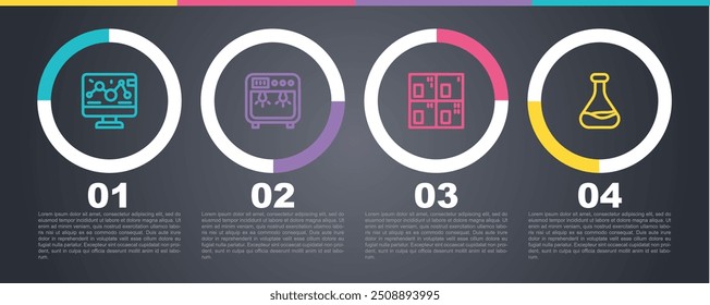 Set line Genetic engineering modification, Biosafety box, Periodic table and Test tube and flask. Business infographic template. Vector