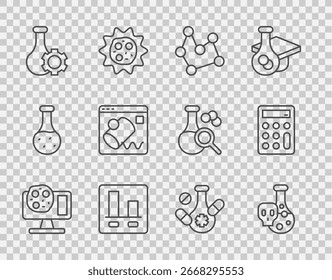 Linha Set Engenharia genética, Tubo de ensaio com líquido tóxico, Fórmula química, gráfico gráfico infográfico, visualização de dados, pílula de medicina e ícone da calculadora. Vetor