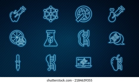 Set line Genetically modified apple, DNA symbol, Petri dish with bacteria, Test tube and flask, orange, meat and GMO icon. Vector