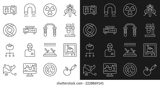 Set line Genetically modified apple, 3D printing technology, Test tube flask on stand, Biohazard symbol, Electronic scales, DNA, Spectrometer and  icon. Vector