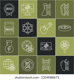 Set line Genetically modified apple, Biohazard and magnifying glass, Petri dish with bacteria, DNA research, search, GMO, Label for bio healthy food and  icon. Vector