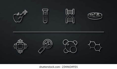 Set line Genetically modified apple, Processor CPU, Petri dish with bacteria, Molecule, Microorganisms under magnifier, Test tube, Chemical formula and DNA symbol icon. Vector
