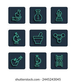 Fijar línea Manzana modificada genéticamente, Microscopio, Símbolo de ADN, Quemador de alcohol o alcohol, Mortero y mano, Tubo de ensayo e icono de molécula. Vector