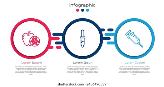 Set line Genetically modified apple, Pipette and Syringe. Business infographic template. Vector