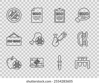 Set line Genetically modified apple, Test tube and flask, Document for bio healthy food, engineering modification, Stop GMO, Gmo research chicken, Pipette and meat icon. Vector