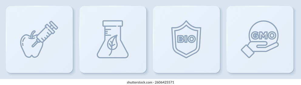 Set line Genetically modified apple, Shield for bio healthy food, Test tube and flask and GMO. White square button. Vector