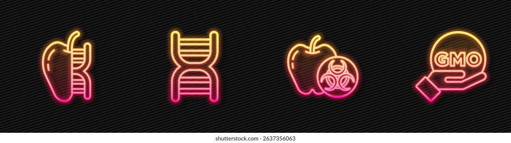 Set line Genetically modified apple, , DNA symbol and GMO. Glowing neon icon. Vector
