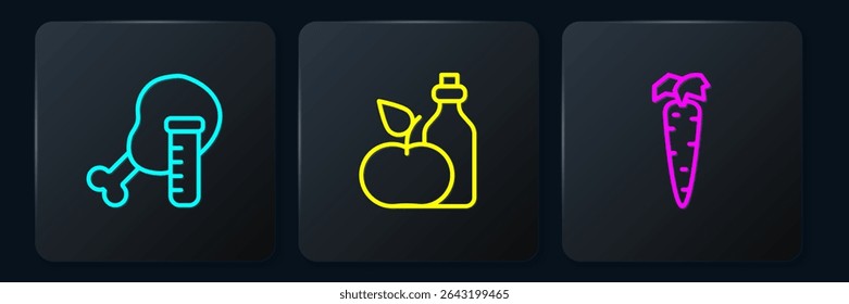 Set line Genetically modified chicken, Carrot and Apple cider vinegar in bottle. Black square button. Vector