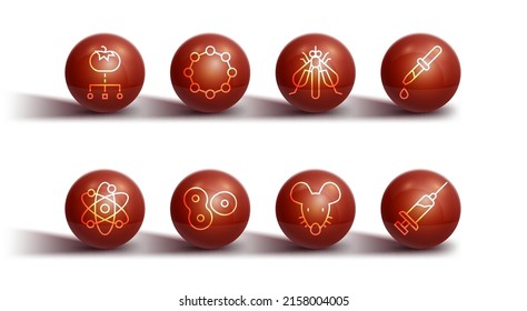 Set line Genetically modified food, Atom, Pipette, Experimental mouse, Cell division, Chemical formula, Syringe and insect icon. Vector