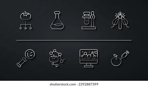 Línea Alimentos modificados genéticamente, Microorganismos bajo lupa, insecto experimental, modificación de ingeniería, Tubo de ensayo y matraz, manzana e icono de stand. Vector