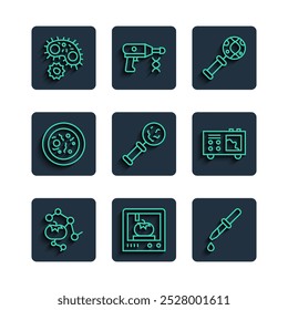 Set line Genetically modified food, 3D printing technology, Pipette, DNA research, search, Microorganisms under magnifier, Petri dish with bacteria, Virus and Spectrometer icon. Vector