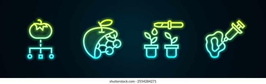 Set line Genetically modified food, Biological structure, Pipette and plant and Syringe. Glowing neon icon. Vector