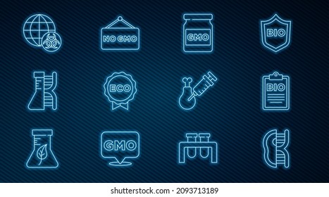 Set line Genetically modified meat, Document for bio healthy food, GMO, Label eco, DNA research, search, Gmo chicken and No icon. Vector