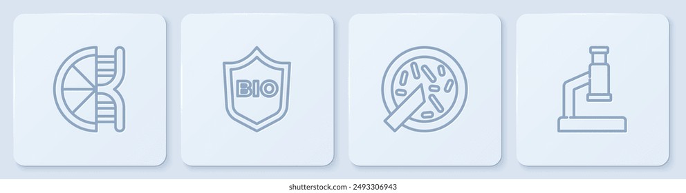 Set line Genetically modified orange, Petri dish with bacteria, Shield for bio healthy food and Microscope. White square button. Vector