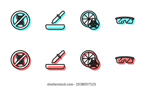 Set line Genetically modified orange, Stop GMO, Pipette and Laboratory glasses icon. Vector