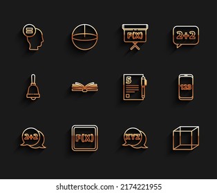 Set line Geometric figure Cone, Equation solution, Test or exam sheet, Calculator, Function mathematical symbol, Mobile calculator interface, Book with word mathematics and Open book icon. Vector