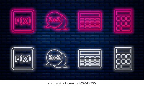 Set line Geometric figure Cone, Chalkboard, Equation solution and Triangle math. Glowing neon icon on brick wall. Vector