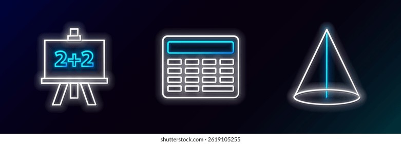 Set line Geometric figure Cone, Chalkboard and Calculator icon. Glowing neon. Vector
